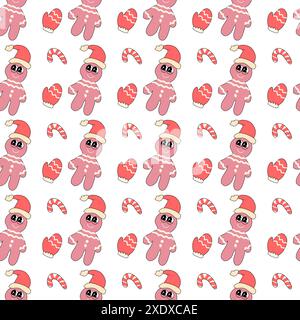 Happy New Year-Muster mit y2k-Elementen. Groovige Charakterhintergründe mit weihnachtsmann, Schneeball, Weihnachtsbaum, Geschenken. Weihnachtliches, grooviges Hippie-Muster mit Retro-Charakteren im y2k-Stil der 60er, 70er Jahre Stock Vektor