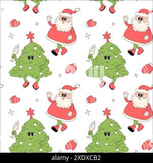 Happy New Year-Muster mit y2k-Elementen. Groovige Charakterhintergründe mit weihnachtsmann, Schneeball, Weihnachtsbaum, Geschenken. Weihnachtliches, grooviges Hippie-Muster mit Retro-Charakteren im y2k-Stil der 60er, 70er Jahre Stock Vektor