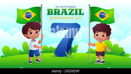 Cartoon 7. september Brasilien Unabhängigkeitstag Banner Design, zwei brasilianische Kinder schwenken die Flagge Übersetzung: Ordnung und Fortschritt Stock Vektor