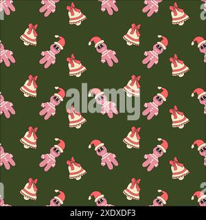 Happy New Year-Muster mit y2k-Elementen. Groovige Charakterhintergründe mit weihnachtsmann, Schneeball, Weihnachtsbaum, Geschenken. Weihnachtliches, grooviges Hippie-Muster mit Retro-Charakteren im y2k-Stil der 60er, 70er Jahre Stock Vektor