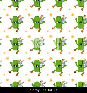 y2k-Schule mit groovigem, nahtlosem Muster. Kindermuster mit Schulutensilien und y2k-Elementen. Bildung wiederholt Hintergrund mit Schreibwaren, trendigen Retro-groovigen Charakteren. Kindliches Design aus Stoff. Stock Vektor