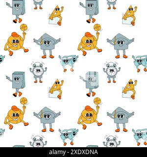y2k-Schule mit groovigem, nahtlosem Muster. Kindermuster mit Schulutensilien und y2k-Elementen. Bildung wiederholt Hintergrund mit Schreibwaren, trendigen Retro-groovigen Charakteren. Kindliches Design aus Stoff. Stock Vektor