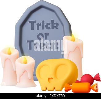 3D Grabstein Kerzen und Schädel. Halloween realistische Renderkomposition für Bannerkarten, Partyeinladungen. Trick oder Treats, Vektorelemente Stock Vektor