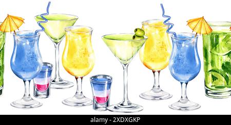 Set aus verschiedenen Cocktails, Shots mit Stroh, Regenschirm, Aquarellrahmen, Illustration von erfrischenden alkoholischen Getränken im Sommer in einem Glas, Ske Stockfoto