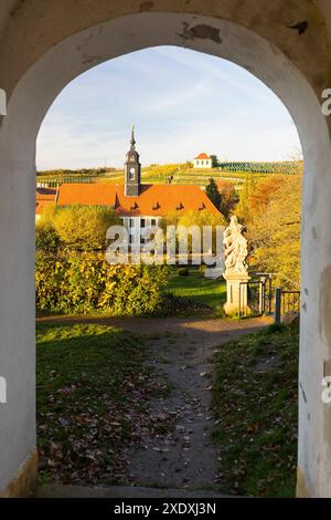 Ausblick von der Heinrichsburg auf Barockschloss, Weinberg und Winzerhaus Luisenburg im Herbst, Diesbar-Seußlitz, Sachsen, Deutschland *** Blick auf die Stockfoto