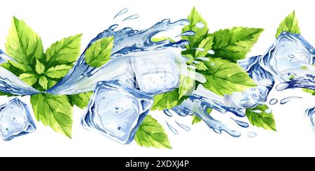 Kristalleisblöcke, nahtloses Brett mit frischen Minzblättern und Wasserstrahl, Spritzer und Ströme, handgezeichnete Aquarellzutaten für den Sommer Stockfoto