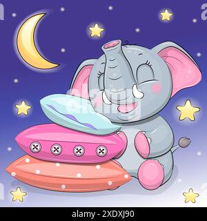 Der süße Cartoon-Elefant schläft auf den Kissen. Nachtvektor-Illustration auf einem dunkelblauen Hintergrund mit Sternen und Mond. Stock Vektor