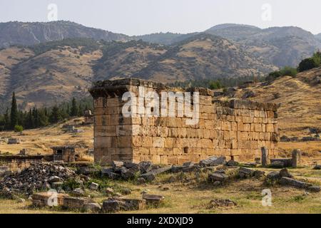 An einem sonnigen Tag in der Nähe der Stadt Pamukkale bietet sich ein fantastischer Blick auf die zerbröckelnden historischen Gebäude in der alten Ruinenstadt Hierapolis in Türkiye. Stockfoto