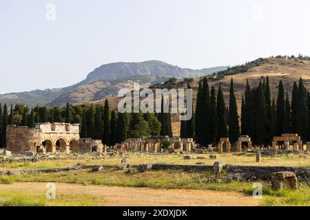 Frontinus-Straße in der alten Ruinenstadt Hierapolis in Türkiye an einem sonnigen Tag, mit sichtbarem Frontinus-Tor. In der Nähe der Stadt Pamukkale Stockfoto