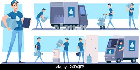 Wasserversorgung. Service-Leute, die Wasser-Plastikflaschen exakte Vektor-Zeichentrickvorlage transportieren Stock Vektor