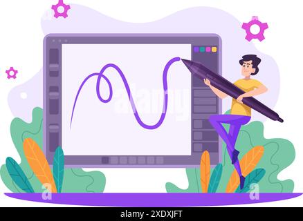 Person mit Eingabestift. Mann mit großem Stift für digitale Kunst exakter Vektorkonzepthintergrund im Cartoon-Stil Stock Vektor