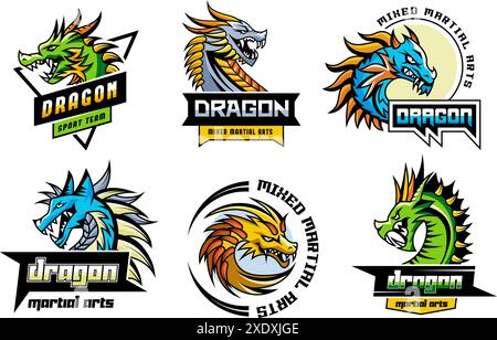 Drachenetiketten. Kampfsportabzeichen mit Bildern von starken Echsen neuere Vektor-Stilfarbe flache Bilder von Drachen Stock Vektor
