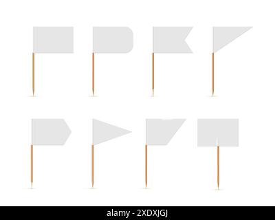 Weiße kleine Fahnen auf Zahnstocher setzen Vektor-Illustration. 3D-realistische leere Flaggen unterschiedlicher Formen auf Holzstäben, leere runde dreieckige Flaggen Stock Vektor