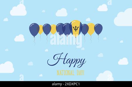 Barbados Unabhängigkeitstag – Funkelndes Patriotisches Poster. Reihe von Ballons in Farben der Barbadischen Flagge. Grußkarte mit Nationalflaggen, Blaue Skyes A Stock Vektor