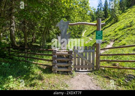 Ein hölzernes Weidezaun mit einem geschnitzten Blattmotiv markiert den Eingang zu einer Weide auf dem Salzburger Almenweg im Großarltal, Salzburg, Österreich. Ein Schild warnt vor weidendem Vieh und bittet Besucher, das Tor zu schließen. Stockfoto
