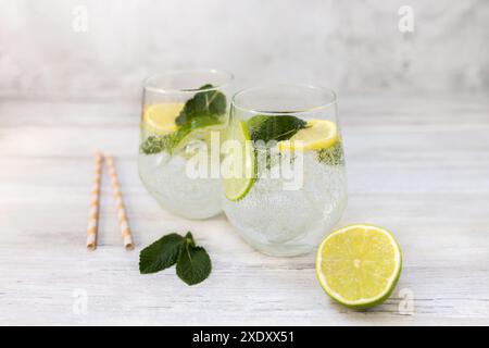 Kaltes erfrischendes Limonadengetränk oder Cocktail aus Mineralwasser, Zitrusfrüchten und Minze. Trinkglas mit Eiswürfeln serviert. Auf weißem Holzhintergrund. Stockfoto