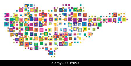 Abstrakte Karte von Zypern abstrakte Karte, die das Land mit einem Muster von sich überschneidenden bunten Quadraten wie Süßigkeiten zeigt Stock Vektor