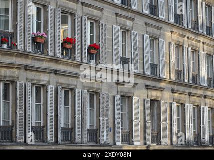 Dieser unvergessliche Pariser Stil, wunderschöne Gebäude in Paris. Typische Fassaden im Zentrum der Stadt Stockfoto