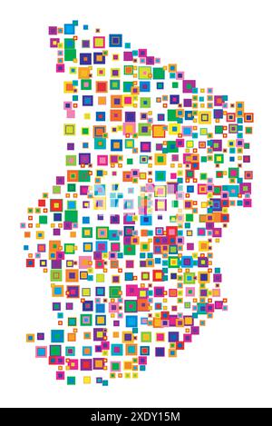 Abstrakte Karte des Tschad abstrakte Karte, die das Land mit einem Muster von sich überlappenden bunten Quadraten wie Süßigkeiten zeigt Stock Vektor
