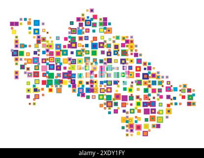 Abstrakte Karte Turkmenistans abstrakte Karte, die das Land mit einem Muster von sich überschneidenden bunten Quadraten wie Süßigkeiten zeigt Stock Vektor