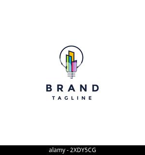 Farbenfrohe City Icons Inside Lamp Logo Design. Farbenfrohes, Kreatives Smart City Outline-Logo. Stock Vektor