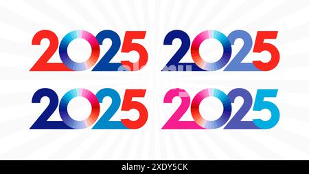 Sammlung von Symbolen für das neue Jahr 2025. Logo für das Geschäftsjahr 2025 in Rot, Blau und weiß. Kreativer Hintergrund für Radialstrahlen. Satz von Feiertagssymbolen. Stock Vektor