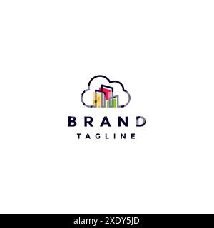 Buntes Cloud City Logo-Design. Einfache Wolkenkontur und buntes Logo-Design mit Stadtsymbolen. Stock Vektor