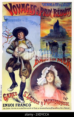 PAL - Chemins de Fer de l'Ouest Voyages à Prix Réduits Normandie et Bretagne Vintage-Poster mit Illustration Stockfoto