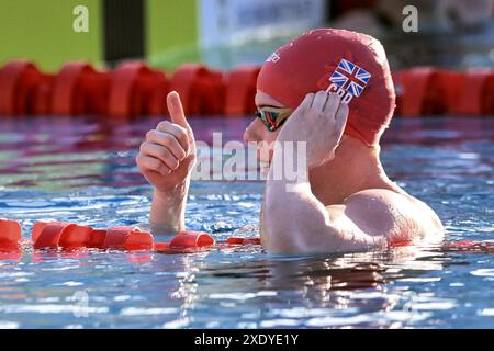 Laura Kathleen Stephens aus Großbritannien reagiert beim 200 m langen Butterfly Women Finale während des 60. Settecolli Schwimmtreffens im stadio del Nuoto in Rom (Italien) am 23. Juni 2024. Stockfoto