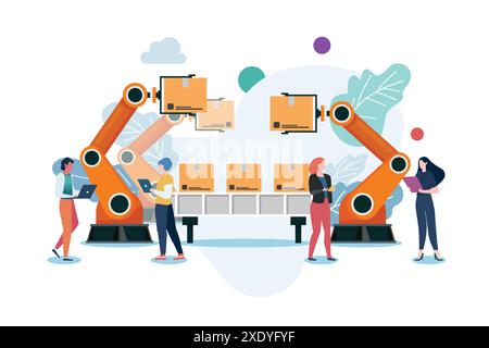 Menschen mit Roboterarmmaschine in der intelligenten Fabrikindustrie. Vektorabbildung Stock Vektor