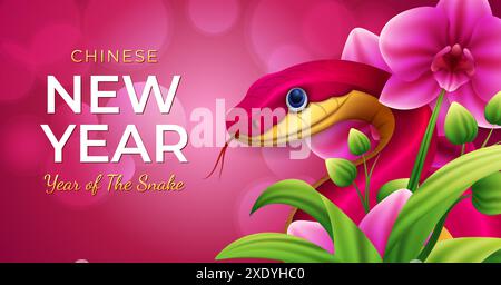 Niedliches chinesisches Neujahrs-2025-Banner-Design mit roter Schlange und rosa Orchideenblume Hintergrund Stock Vektor