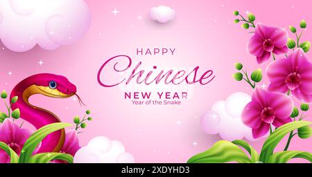 Nettes Jahr des Schlangenbanner Design, rote Schlange und rosa Orchideenblume Vektor Illustration Stock Vektor