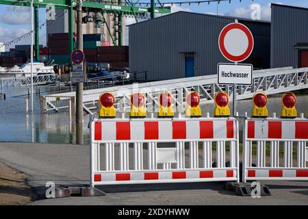 Hochwasser am rhein im Hafen von gernsheim Stockfoto