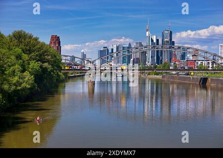 Regionalbahn auf der Deutschherrnbrücke über den Main vor der Frankfurter Skyline, Deutschland, Hessen, Frankfurt am Main Stockfoto