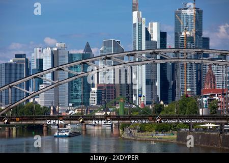 Deutschherrnbrücke über den Main vor der Frankfurter Skyline, Deutschland, Hessen, Frankfurt am Main Stockfoto