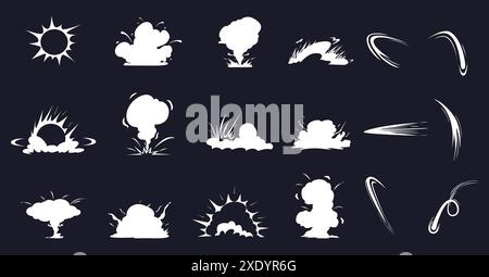 Comic-Effekte von Explosionen. Weiße Nebelwolken, Rauch. Blitz von energetischem Schlag, Bombendynamit-Explosionen, Spielelemente heutzutage Vektor-Clipart Stock Vektor