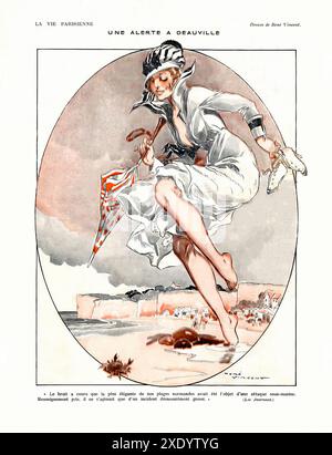 VINCENT René - La Vie Parisienne Une alerte à Deauville Sept - 1 1917 - Poster mit Vintage-Illustration Stockfoto