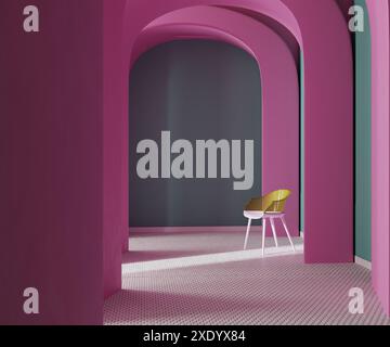 Violette Bögen mit gefliestem Mosaikboden und Kunststoffstuhl, 3D-Rendering Stockfoto