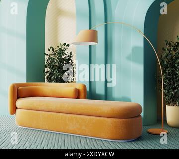 Moderne Einrichtung mit orangefarbenem Sofa und blauen Bögen, 3D-Rendering Stockfoto
