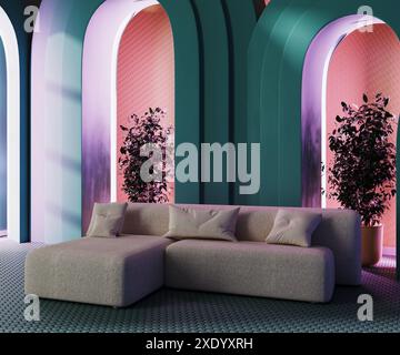 Modernes Wohnzimmer mit weißem Sofa, Bögen mit Neonlicht, 3D-Rendering Stockfoto
