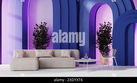 Modernes Wohnzimmer mit blauen Bögen und pinkfarbenen Wänden, weißem Sofa mit Stuhl, 3D-Rendering Stockfoto