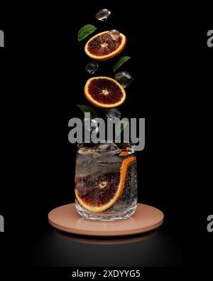 Fruchtscheiben, Minze und Eis fallen in Glas mit Getränk auf schwarzem Hintergrund, Cocktailkonzept, 3D-Rendering Stockfoto