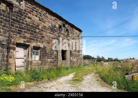 Verlassenes altes Bauernhaus aus Stein mit kaputtem Fenster und schäbiger Holztür, die mit Unkraut bedeckt ist Stockfoto