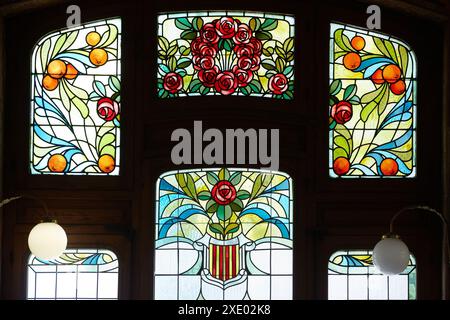 Glas-Fenster. Station Nordgleis. Valencia. Comunidad Valenciana. Spanien. Stockfoto