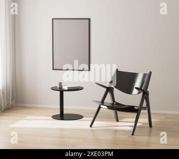 Posterrahmen-Modell an weißer Wand, schwarzer Stuhl und Couchtisch, 3D-Rendering Stockfoto