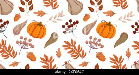 Nahtloses Herbstmuster mit Kürbissen, Eicheln, verschiedenen Herbstblättern und Beeren. Die satten Orange-, Braun- und Grüntöne der Elemente. Festliches und gemütliches Design, ideal für saisonale Dekorationen und Textilien Stock Vektor