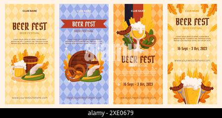 Vorlage zur Sammlung vertikaler Banner des Bierfestivals. Design mit Glas Bier, Weizen und Blättern, Bannerband und anderen festlichen Objekten auf hellem Rautenhintergrund Stock Vektor