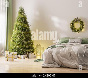 Weihnachten drei mit Ornamenten, festlichen Lichtern und weißen und goldenen Geschenkboxen im Zimmer neben Bett, weihnachtskranz, 3d Stockfoto