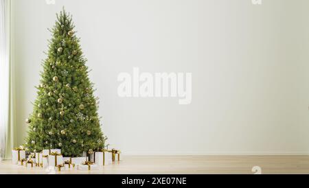 Leere Innenausstattung mit geschmücktem Weihnachtsbaum mit festlichen Lichtern, Ornamenten, Geschenken, 3D-Rendering Stockfoto