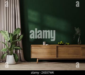 Moderne Inneneinrichtung mit grüner Wand mit Sonnenlicht, Holzkommode mit Dekor, grüner Pflanze im Topf und Vorhang, 3D-Rendering Stockfoto